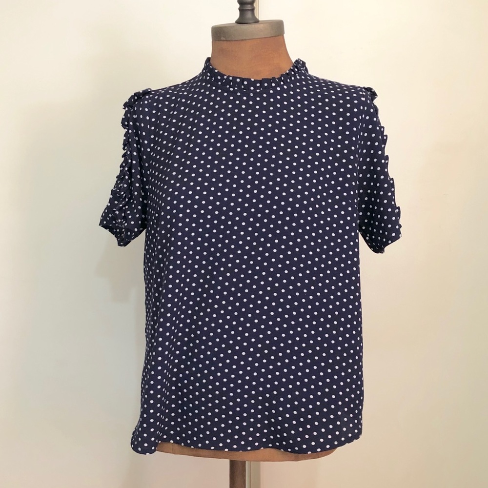 Monteau Navy Blue & White PolkaDot Ruffle Blouse